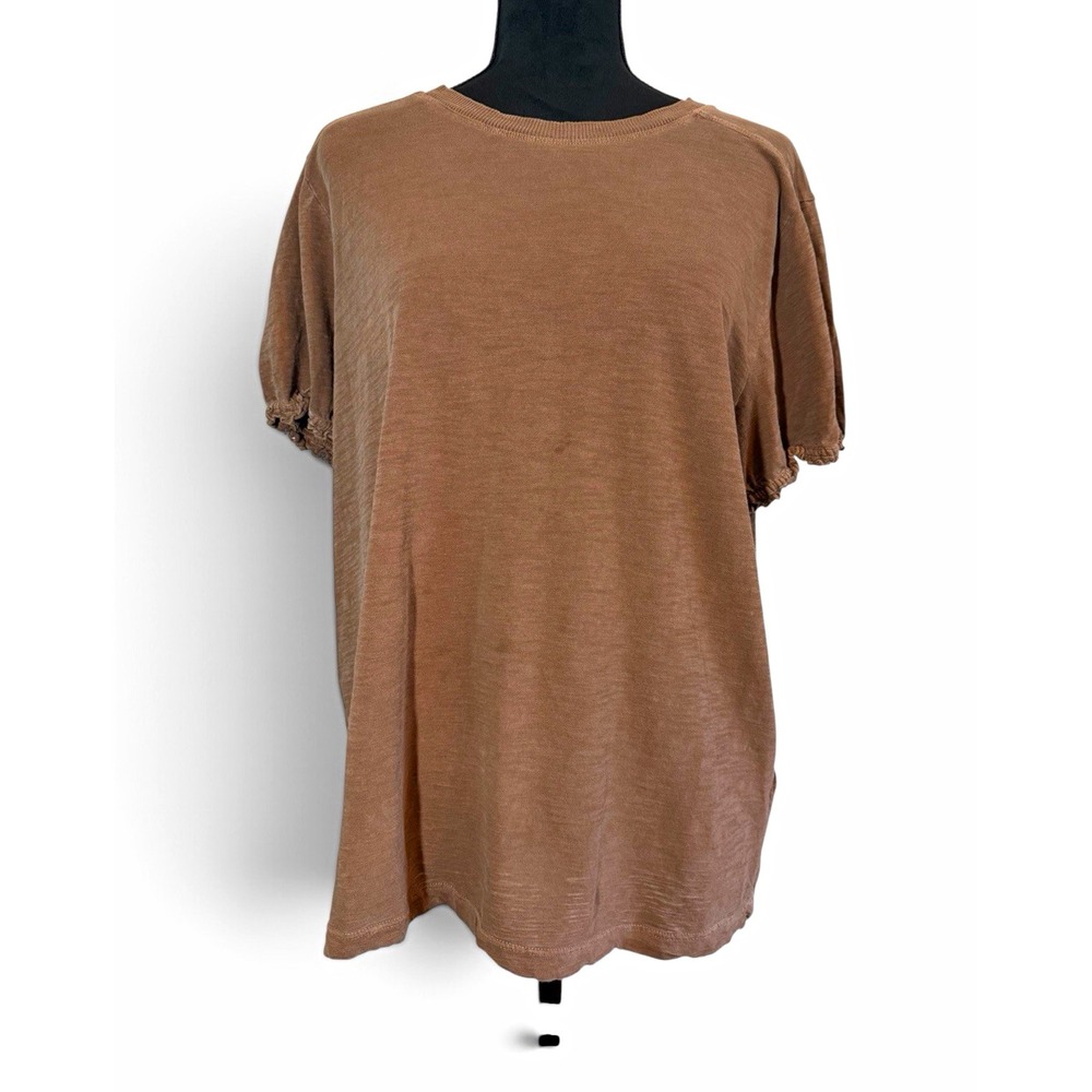 Pilcro The Bennie Brown Solid Knit Crew Neck Ruffle Short Sleeve Tee XL Basic